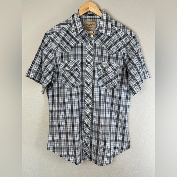 Wrangler Plaid Western Short Sleeve Shirt Pearl Snap Metallic Men's Medium - Picture 1 of 8